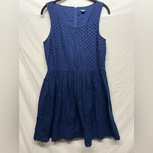 ✨Cutesy Navy Blue Sleeveless Eyelet Lace Fit & Flare Pleated A-Line Dress Sz 10